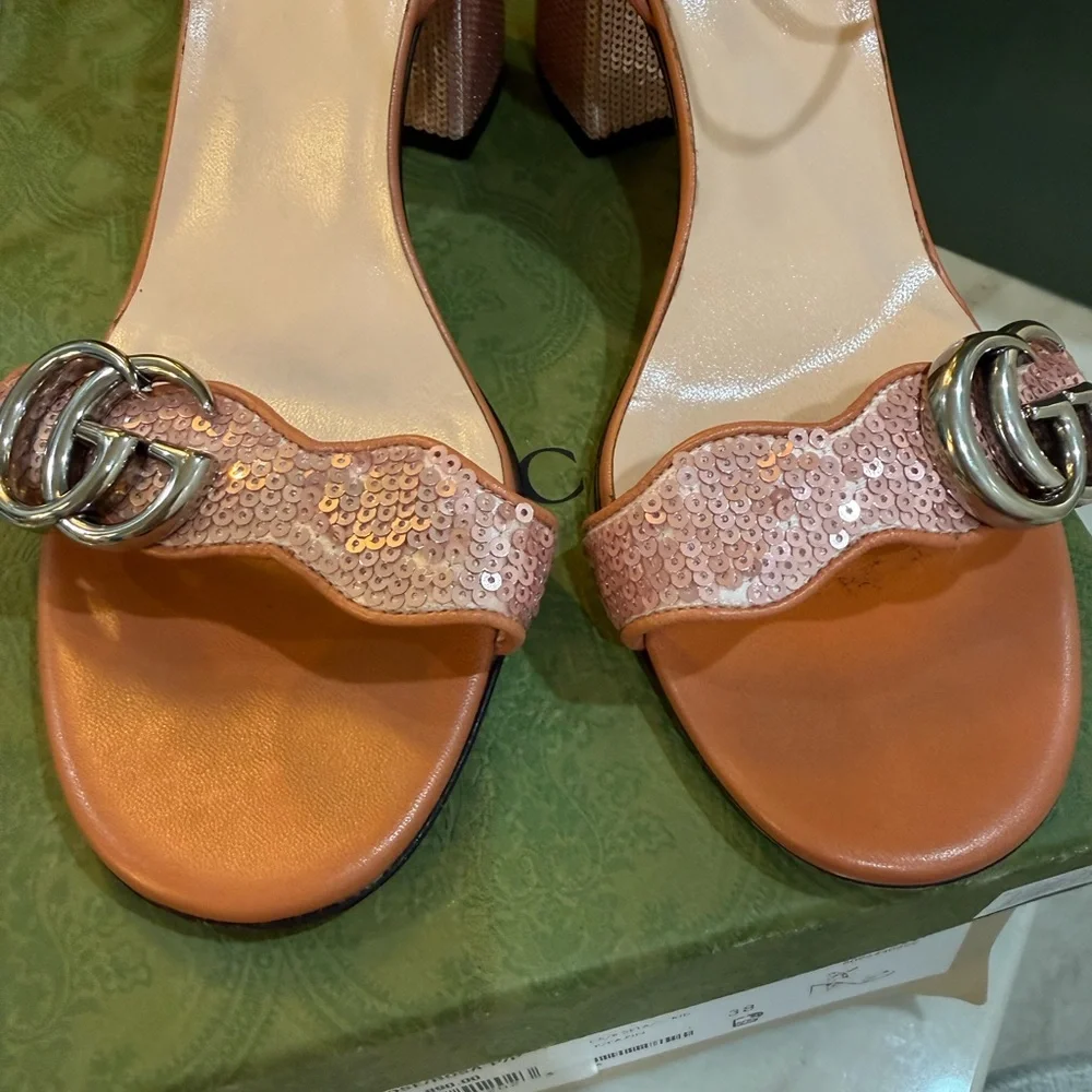 Gucci Pink Sequin Block Heel Sandals